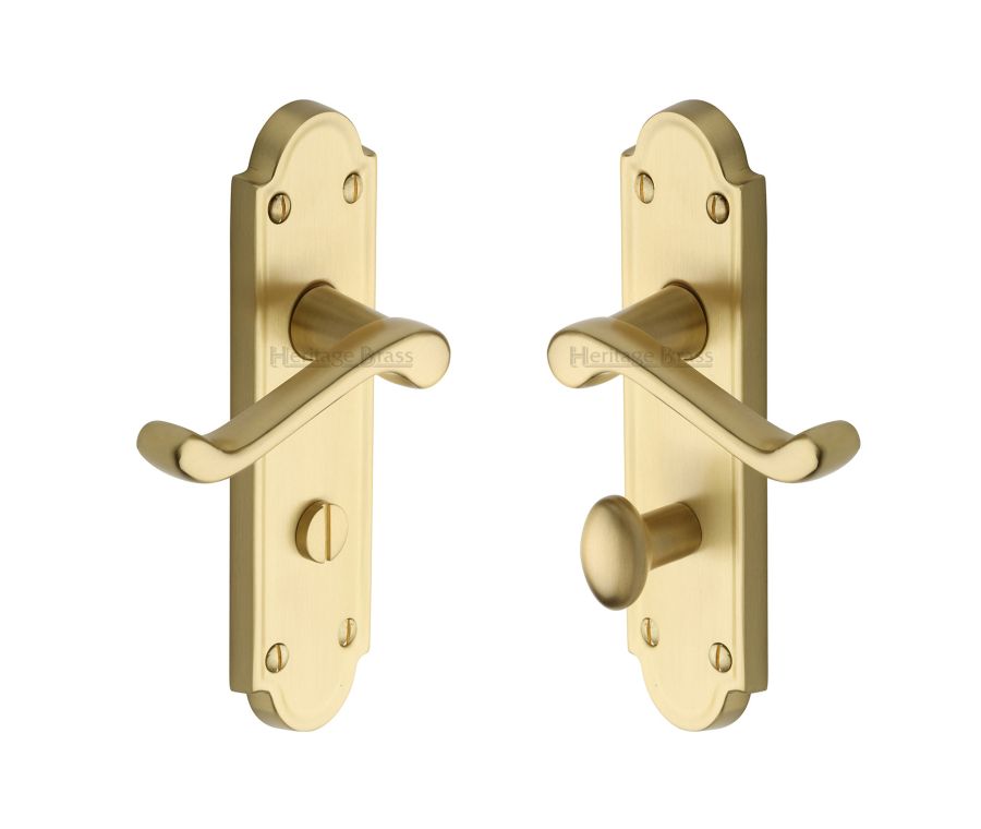 Heritage Brass Satin Brass Meridian Door Handle on Plate - Bathroom Set