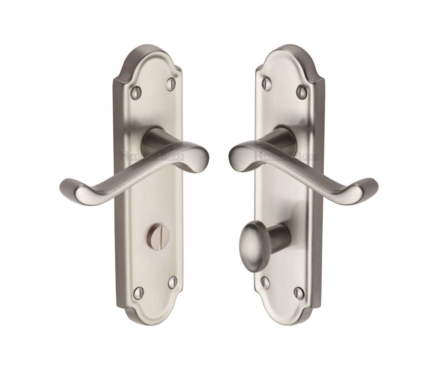 Heritage Brass Satin Nickel Meridian Door Handle on Plate - Bathroom Set