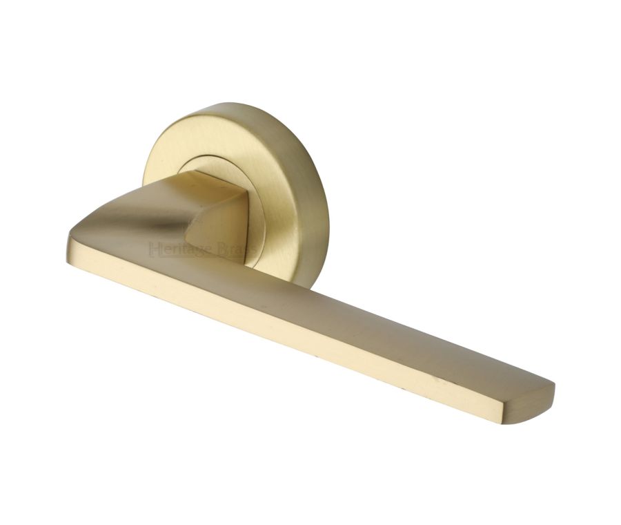 Satin Brass Metro Angled Door Handle on Round Rose
