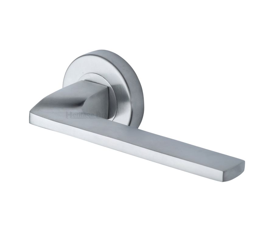 Satin Chrome Metro Angled Door Handle on Round Rose