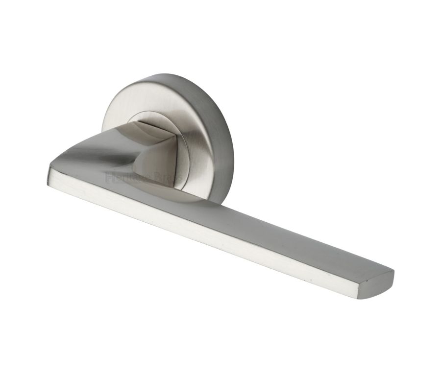 Satin Nickel Metro Angled Door Handle on Round Rose