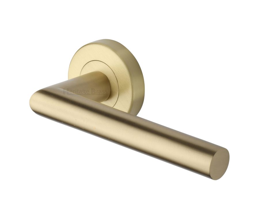 Satin Brass Athena Door Handle on Round Rose