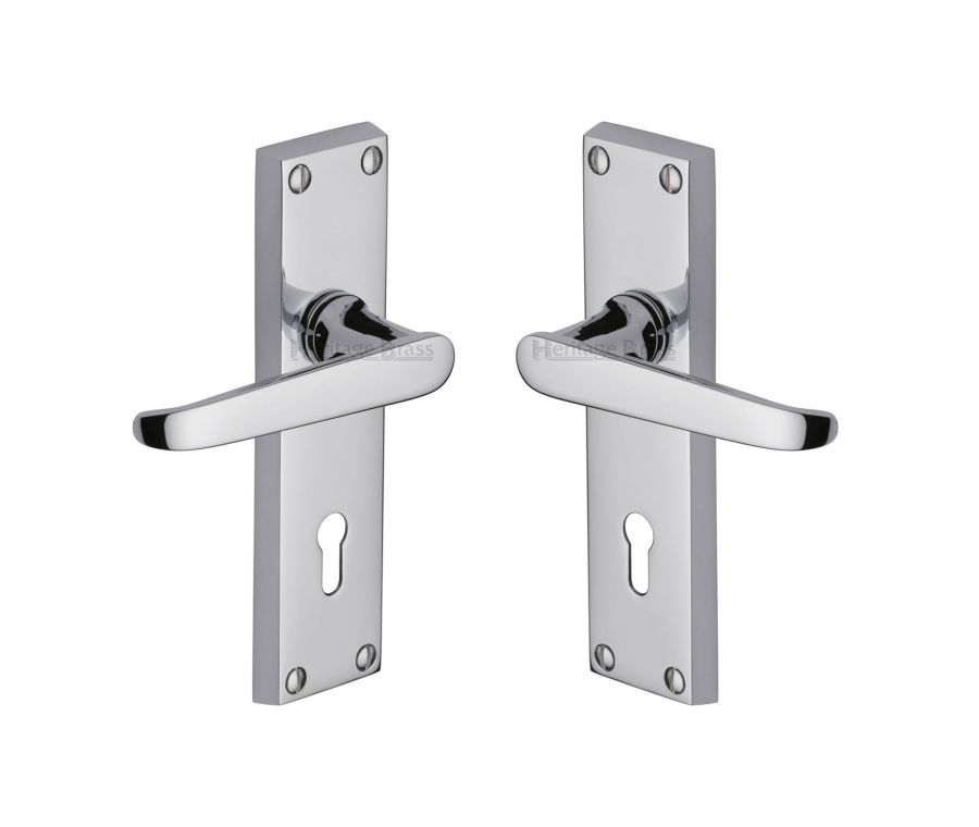 Heritage Brass Polished Chrome Victoria Door Handle on Plate - Lever Lock