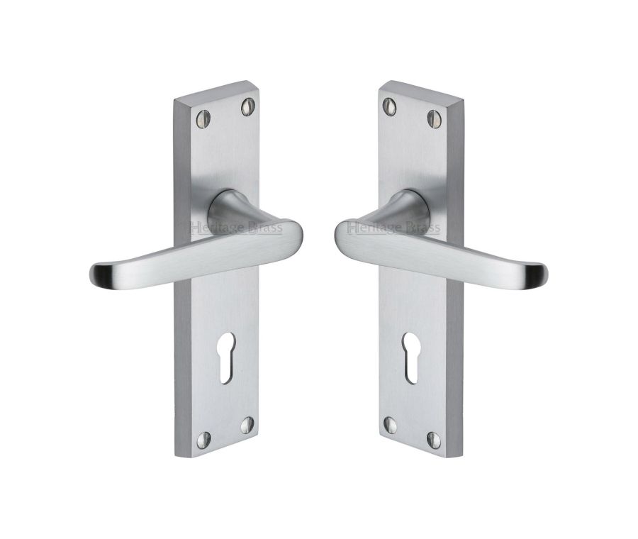 Heritage Brass Satin Chrome Victoria Door Handle on Plate - Lever Lock