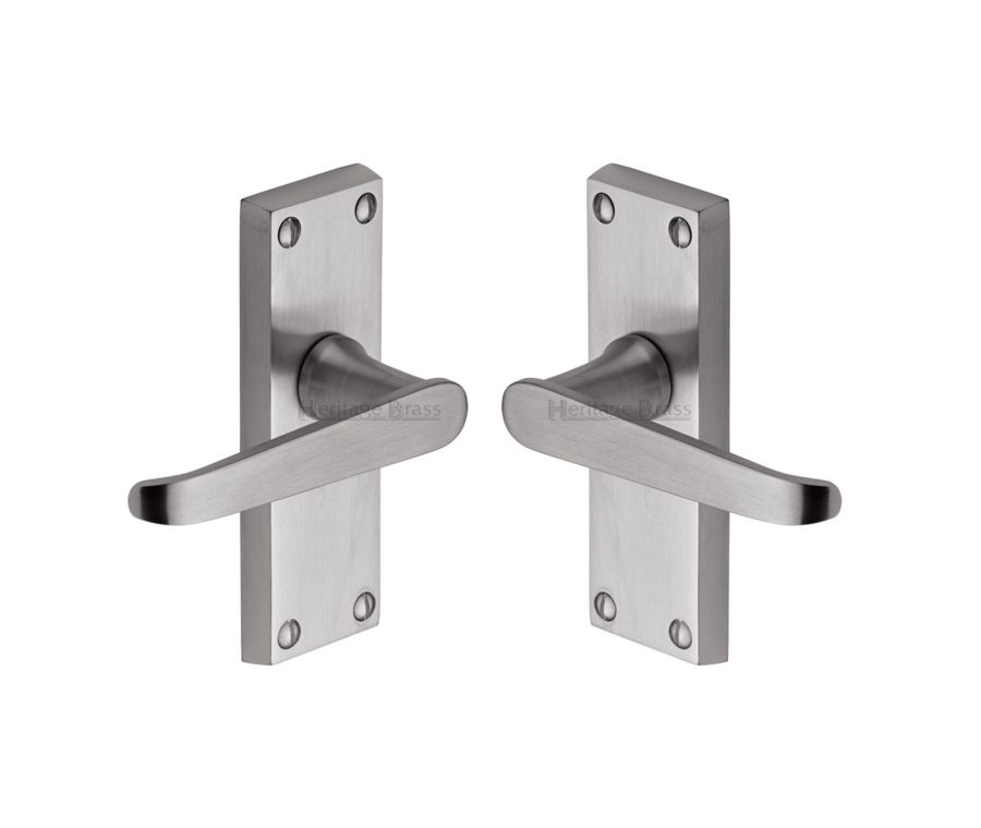 Heritage Brass Satin Chrome Victoria Short Door Handle on Plate - Lever Latch