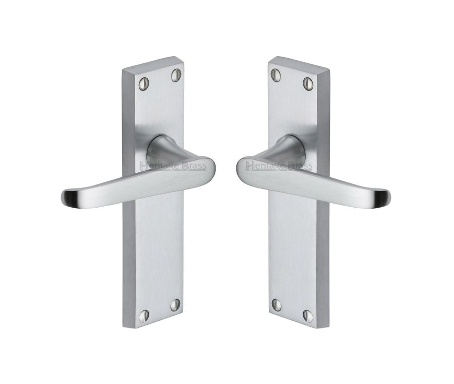 Heritage Brass Satin Chrome Victoria Door Handle on Plate - Lever Latch