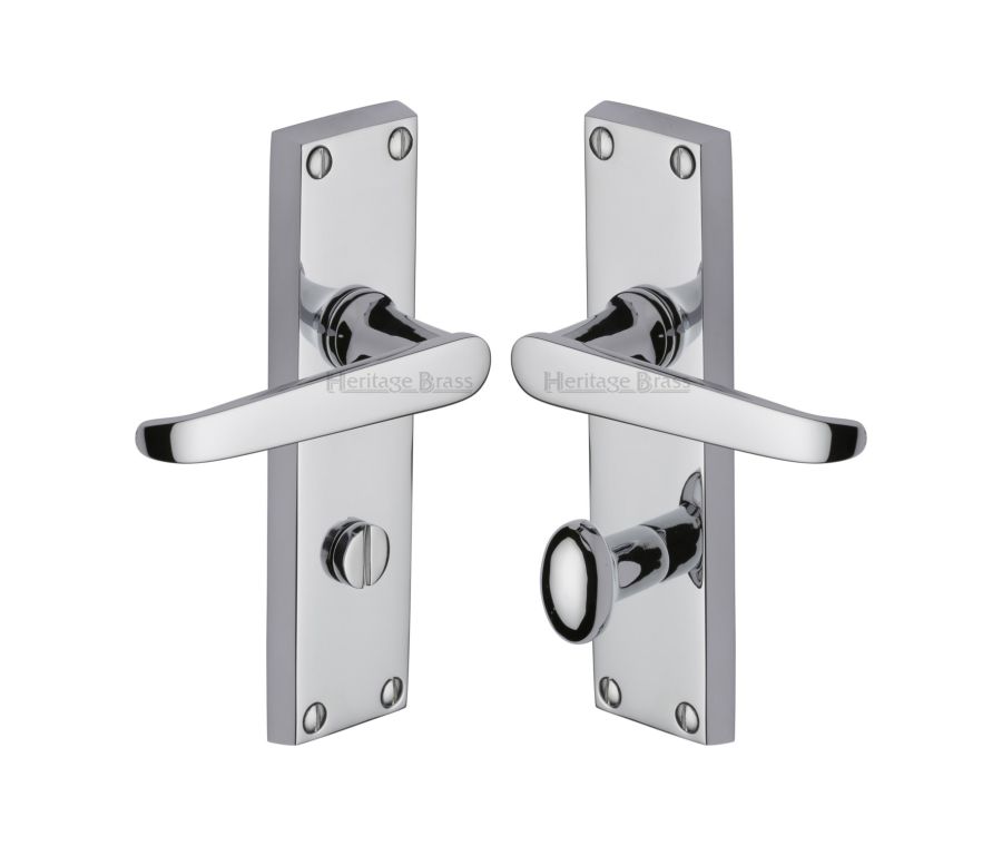 Heritage Brass Polished Chrome Victoria Door Handle on Plate - Bathroom Set