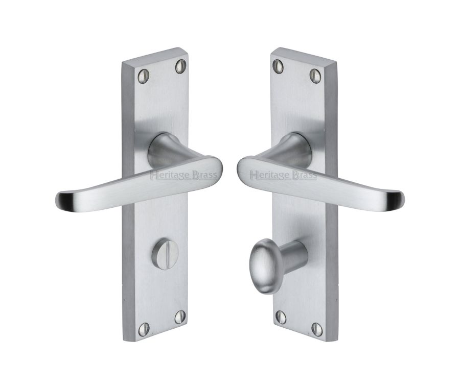Heritage Brass Satin Chrome Victoria Door Handle on Plate - Bathroom Set