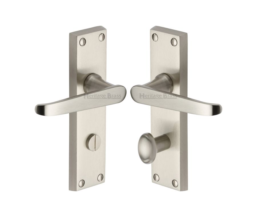 Heritage Brass Satin Nickel Victoria Door Handle on Plate - Bathroom Set