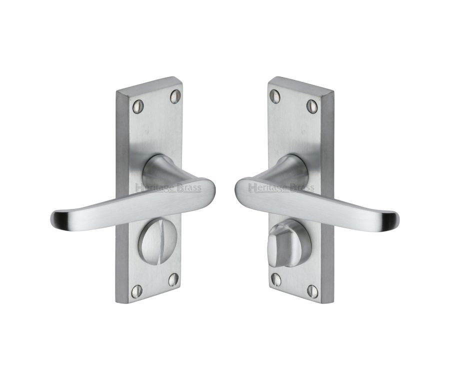 Heritage Brass Satin Chrome Victoria Short Door Handle on Plate - Bathroom Set