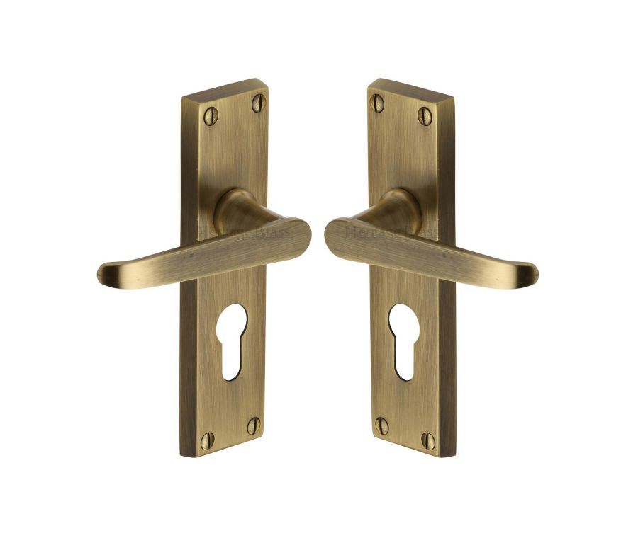 Heritage Brass Antique Brass Victoria Door Handle on Plate - Euro Profile