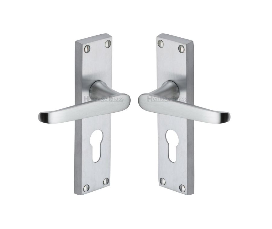 Heritage Brass Satin Chrome Victoria Door Handle on Plate - Euro Profile