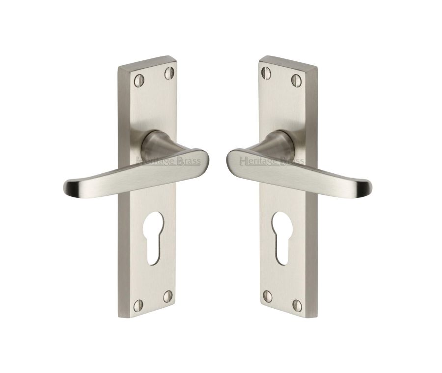 Heritage Brass Satin Nickel Victoria Door Handle on Plate - Euro Profile