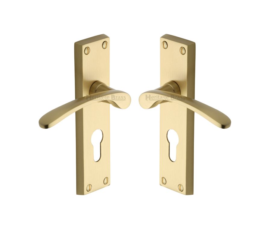 Heritage Brass Satin Brass Sophia Door Handle on Plate - Euro Profile