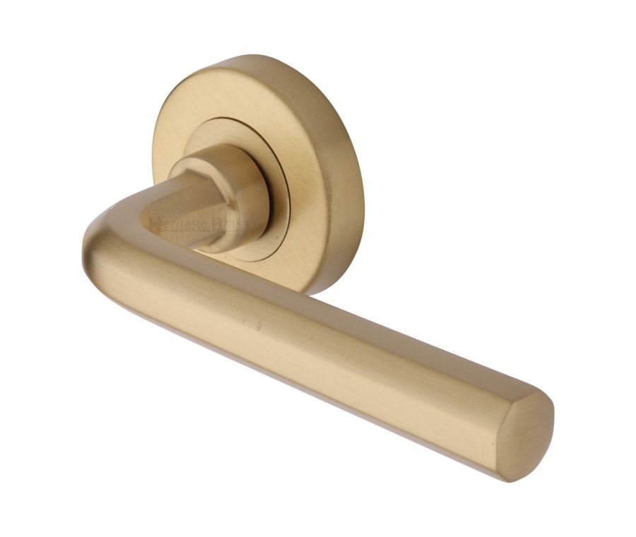 Satin Brass Octave Door Handle on Round Rose