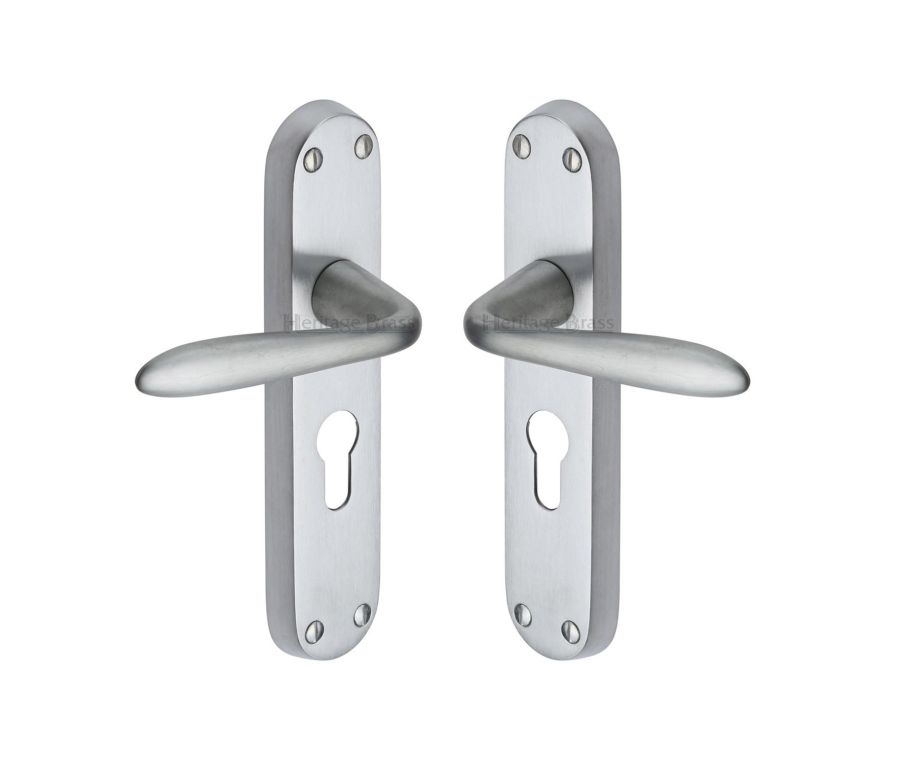 Heritage Brass Satin Chrome Sutton Door Handle on Plate - Euro Profile