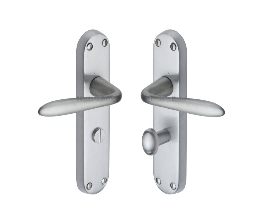 Heritage Brass Satin Chrome Sutton Door Handle on Plate - Bathroom Set