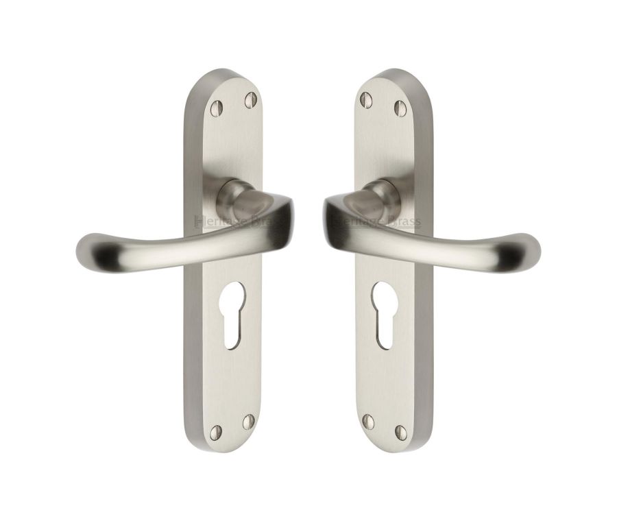 Heritage Brass Satin Nickel Gloucester Door Handle on Plate - Euro Profile