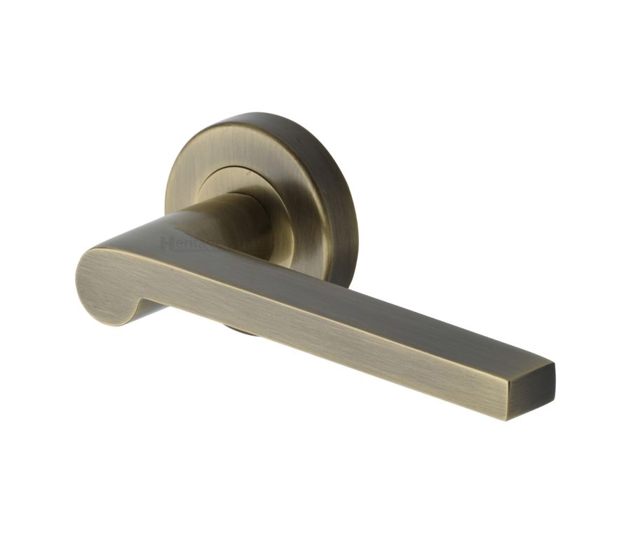 Antique Brass Metro Mid Century Door Handle on Round Rose