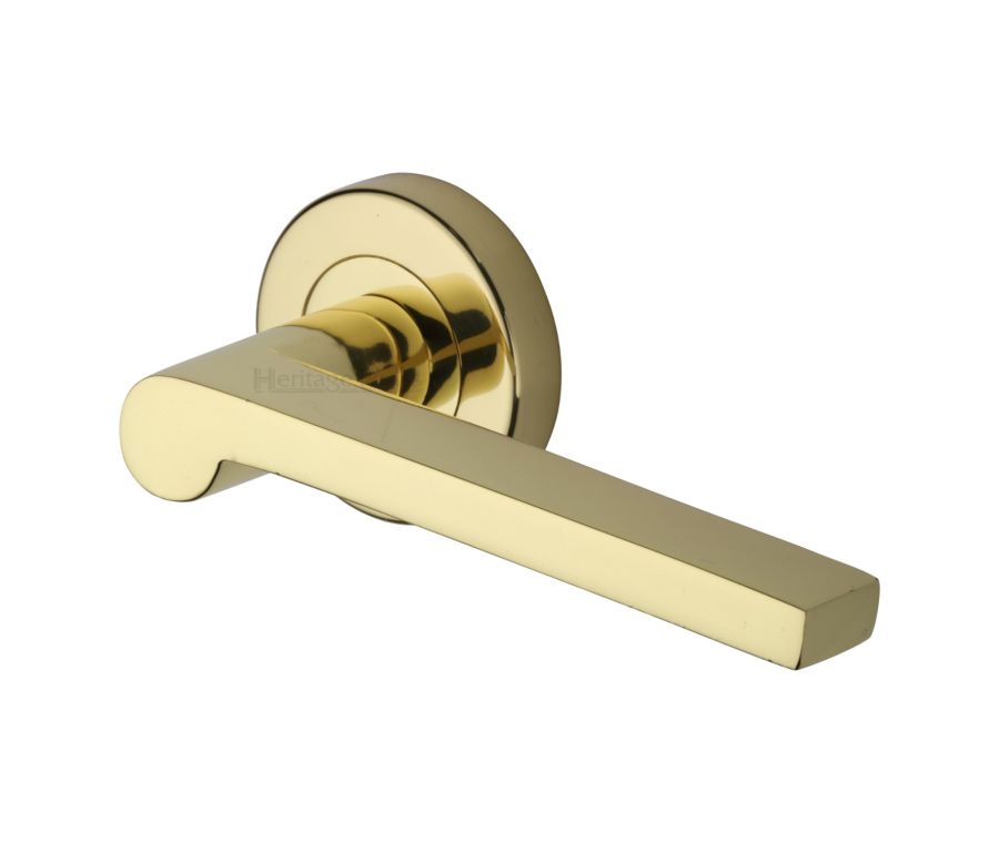 Polished Brass Metro Mid Century Door Handle on Round Rose