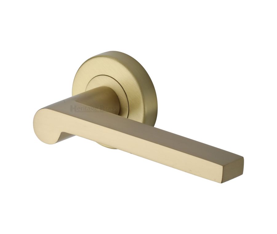 Satin Brass Metro Mid Century Door Handle on Round Rose