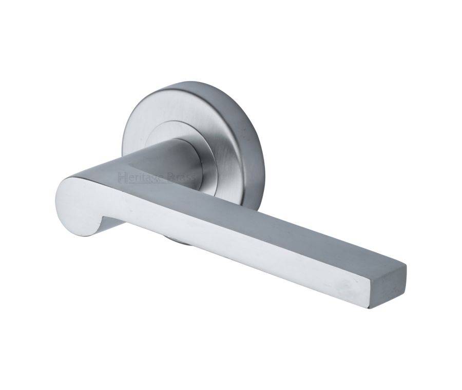 Satin Chrome Metro Mid Century Door Handle on Round Rose