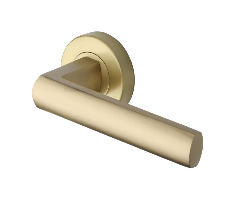 Satin Brass Poseidon Door Handle on Round Rose