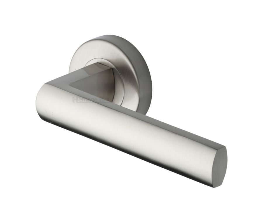 Satin Nickel Poseidon Door Handle on Round Rose