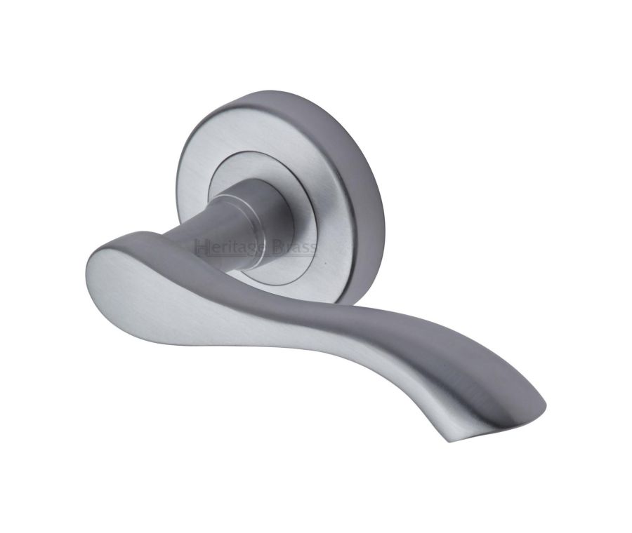 Satin Chrome Algarve Door Handle on Round Rose