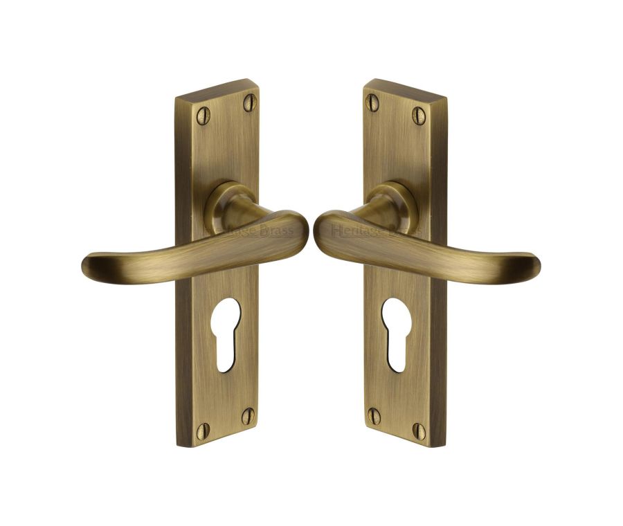 Heritage Brass Antique Brass Windsor Door Handle on Plate - Euro Profile