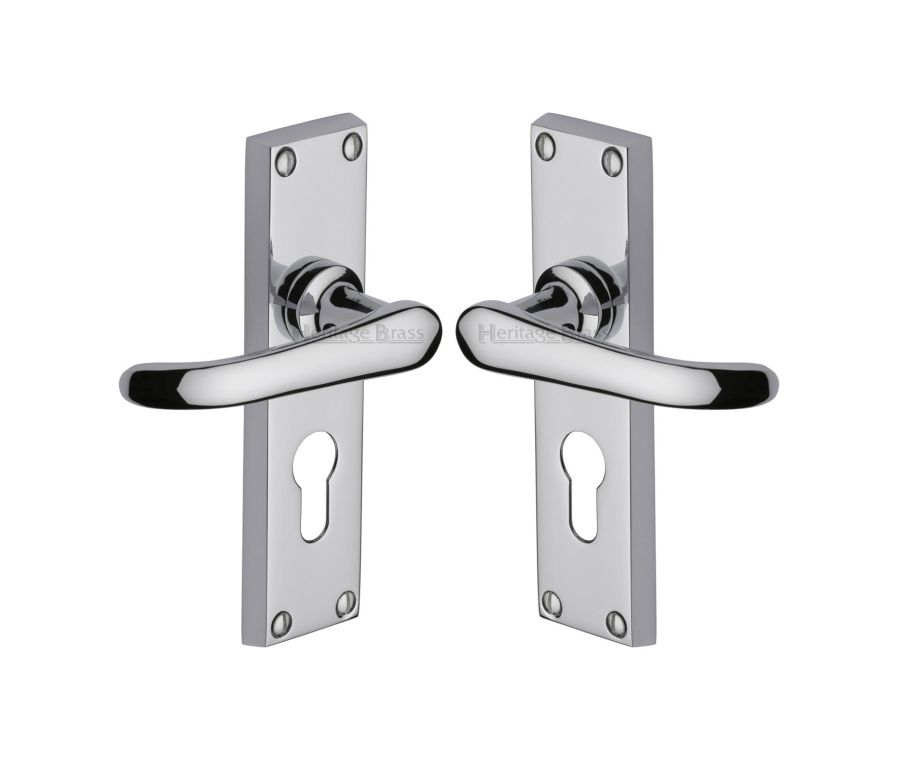 Heritage Brass Polished Chrome Windsor Door Handle on Plate - Euro Profile