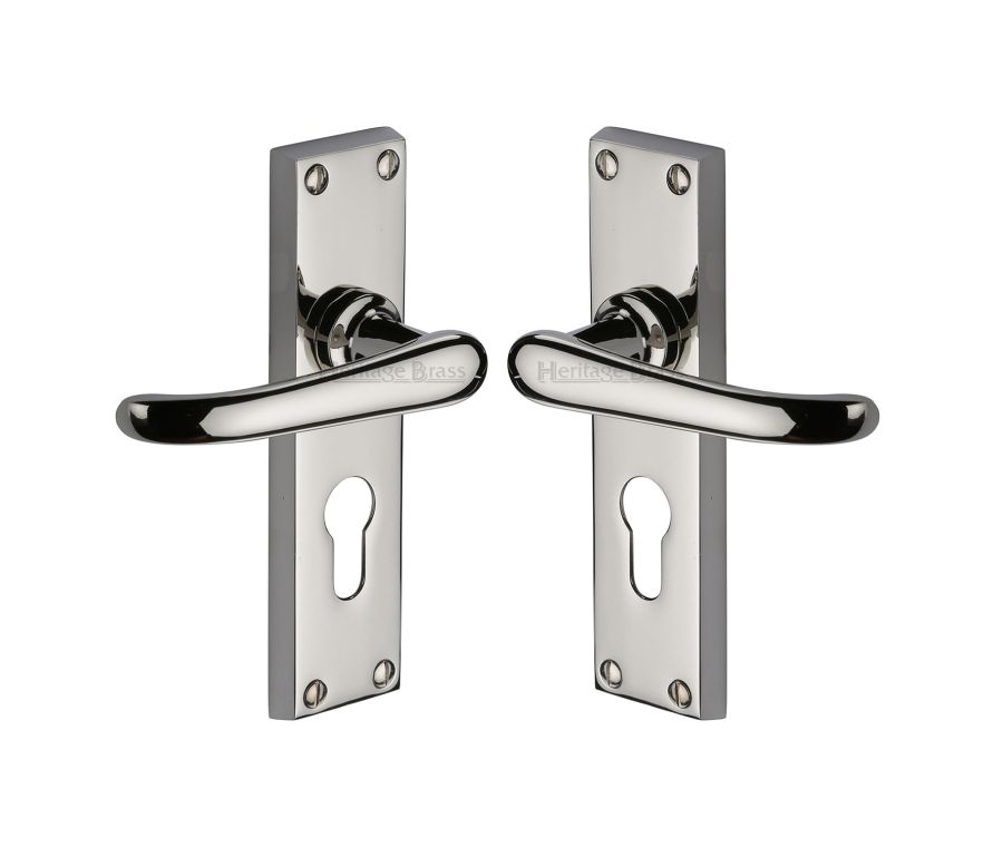 Heritage Brass Polished Nickel Finish Windsor Door Handle on Plate - Euro Profile