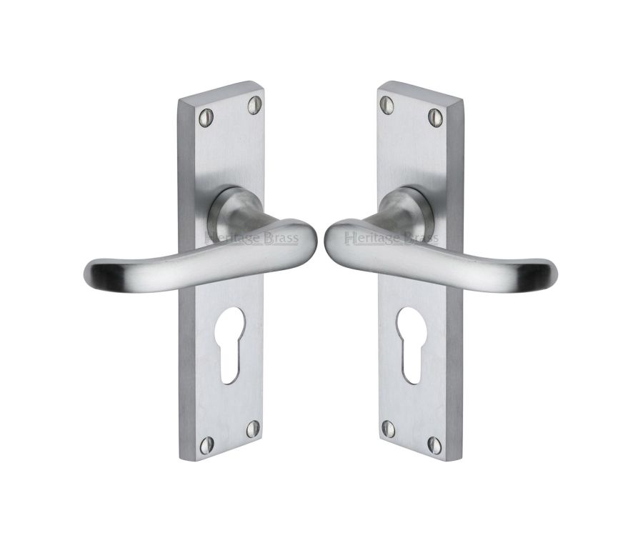 Heritage Brass Satin Chrome Windsor Door Handle on Plate - Euro Profile