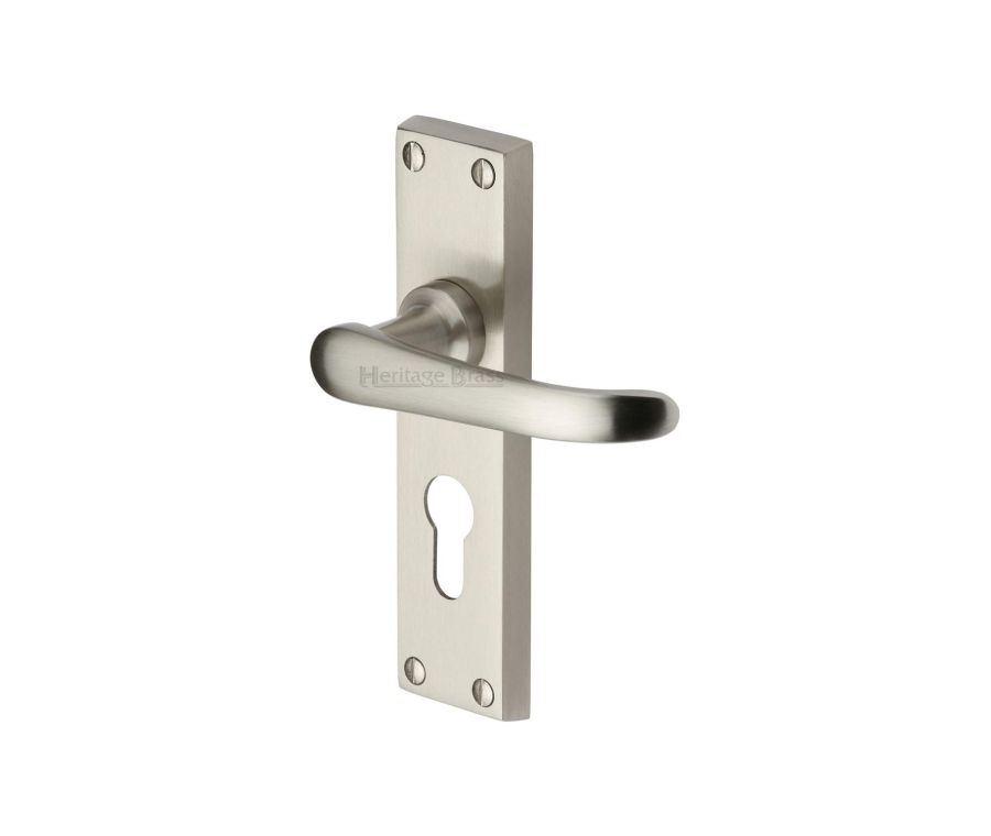 Heritage Brass Satin Nickel Windsor Door Handle on Plate - Euro Profile