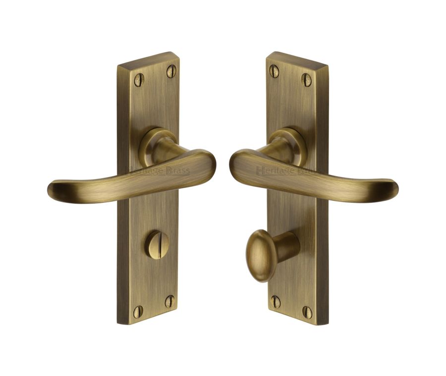 Heritage Brass Antique Brass Windsor Door Handle on Plate - Bathroom Set