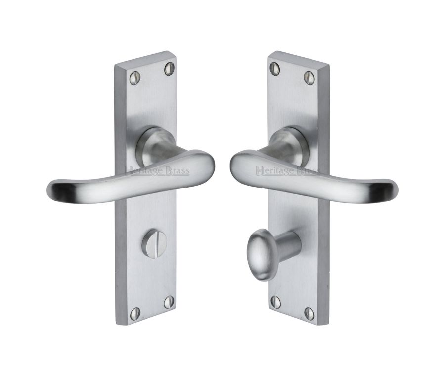 Heritage Brass Satin Chrome Windsor Door Handle on Plate - Bathroom Set