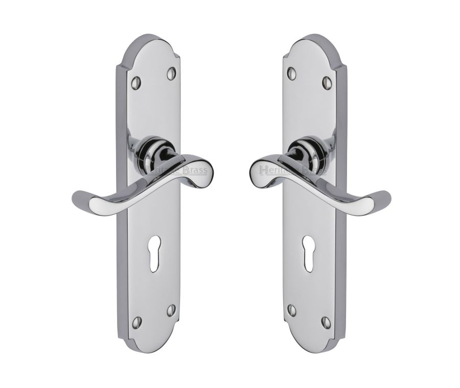 Heritage Brass Polished Chrome Savoy Long Door Handle on Plate - Lever Lock