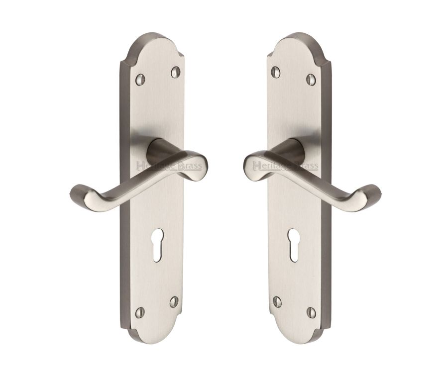 Heritage Brass Satin Chrome Savoy Long Door Handle on Plate - Lever Lock