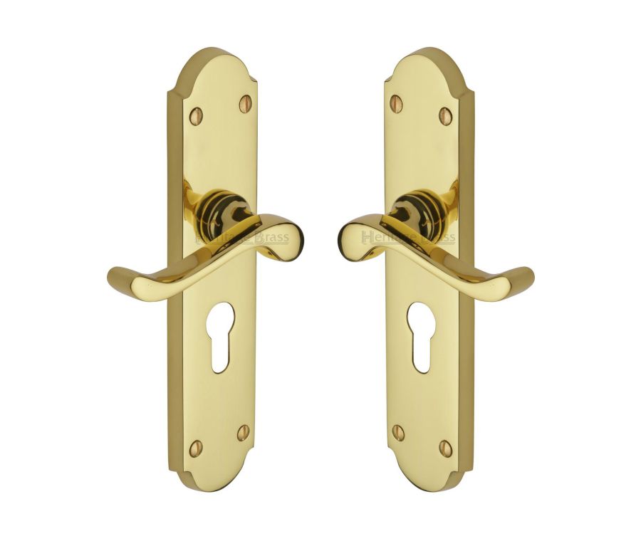 Heritage Brass Polished Brass Savoy Long Door Handle on Plate - Euro Profile