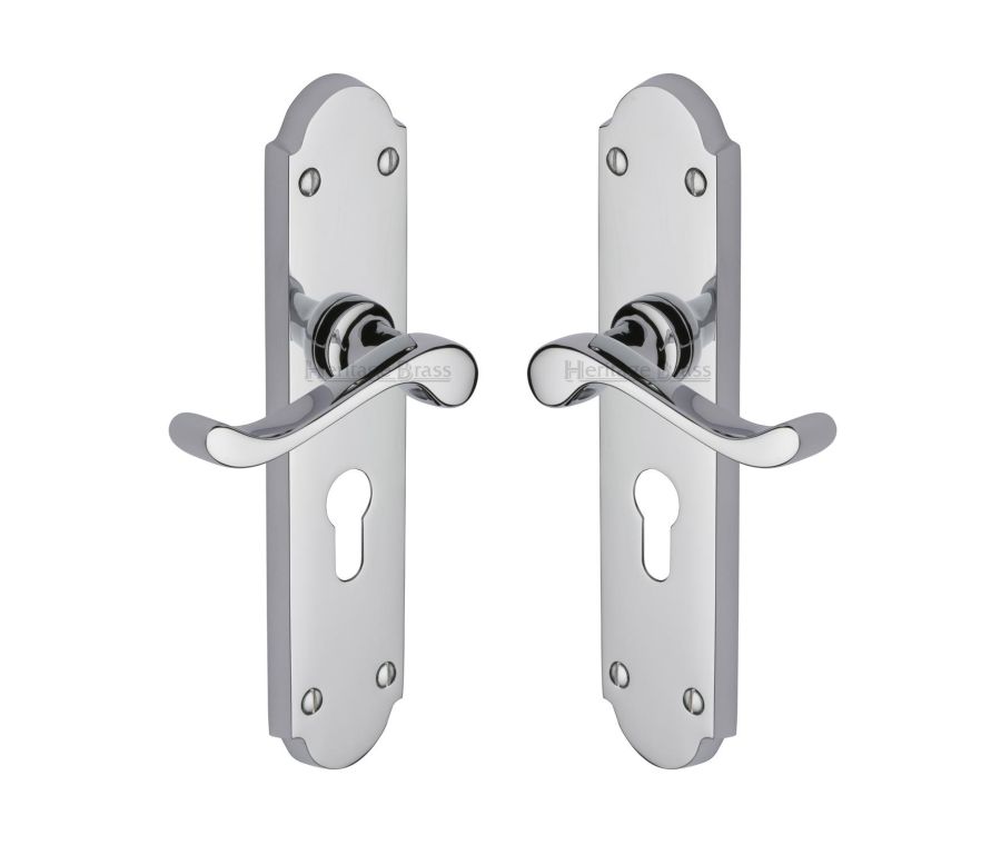 Heritage Brass Polished Chrome Savoy Long Door Handle on Plate - Euro Profile