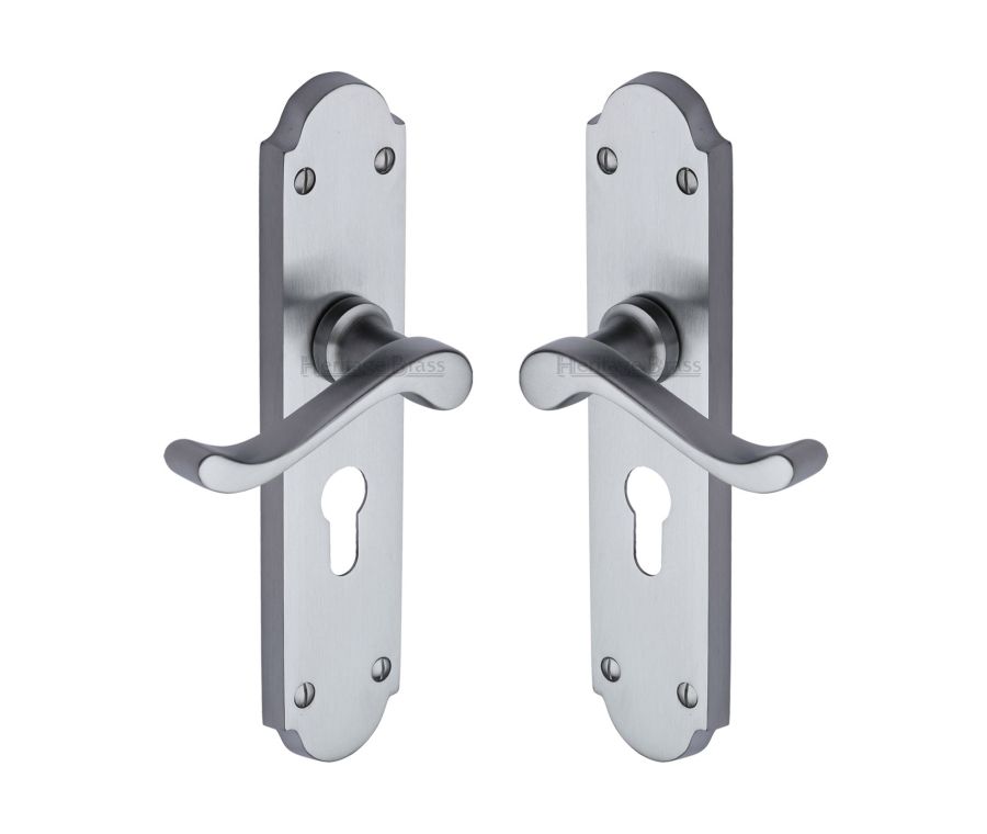 Heritage Brass Satin Chrome Savoy Long Door Handle on Plate - Euro Profile