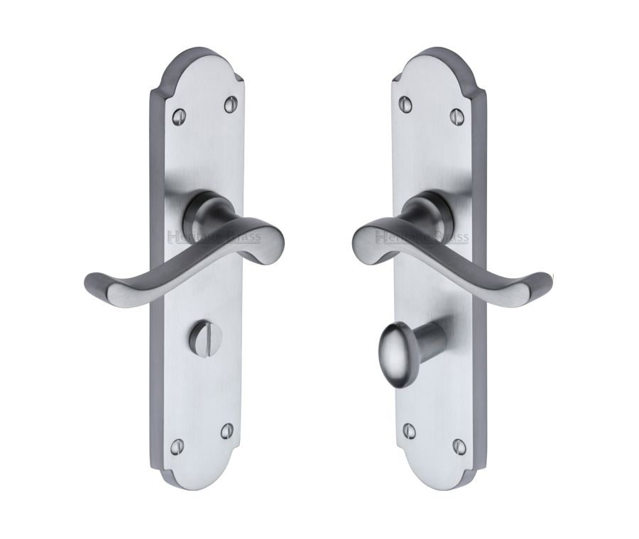 Heritage Brass Satin Chrome Savoy Long Door Handle on Plate - Bathroom Set