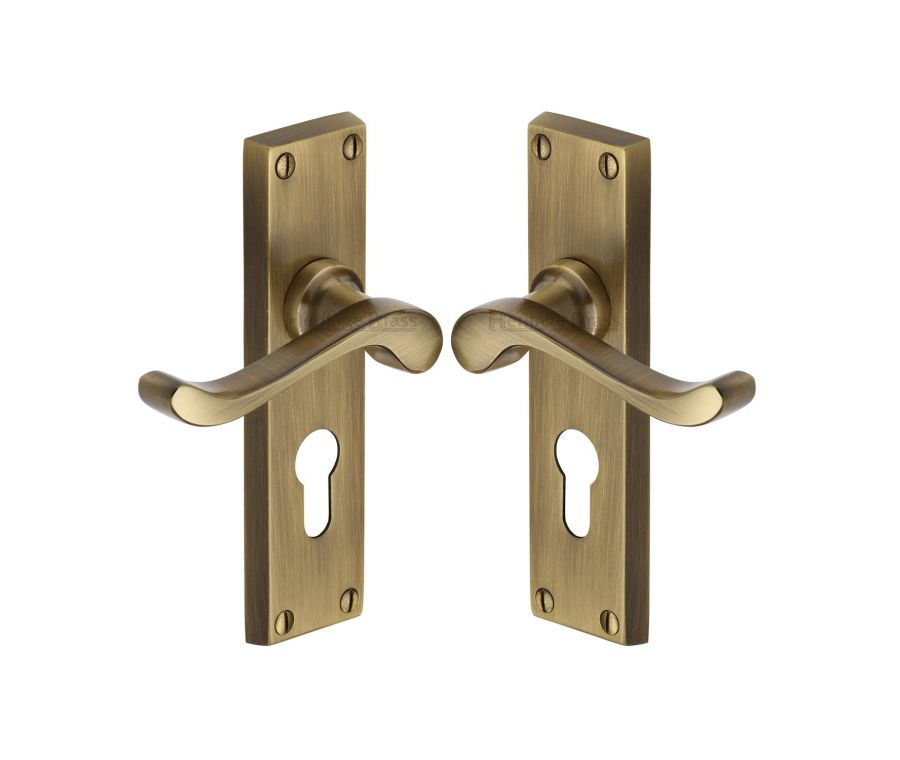 Heritage Brass Antique Brass Bedford Door Handle on Plate - Euro Profile