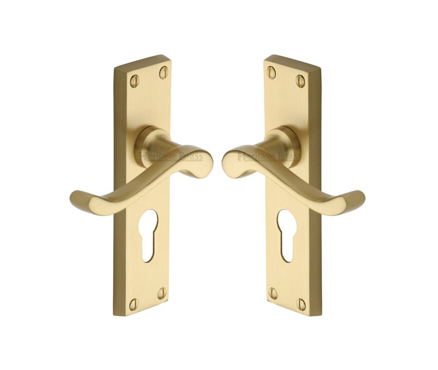 Heritage Brass Satin Brass Bedford Door Handle on Plate - Euro Profile