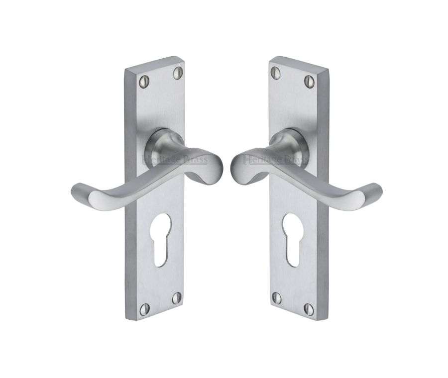 Heritage Brass Satin Chrome Bedford Door Handle on Plate - Euro Profile