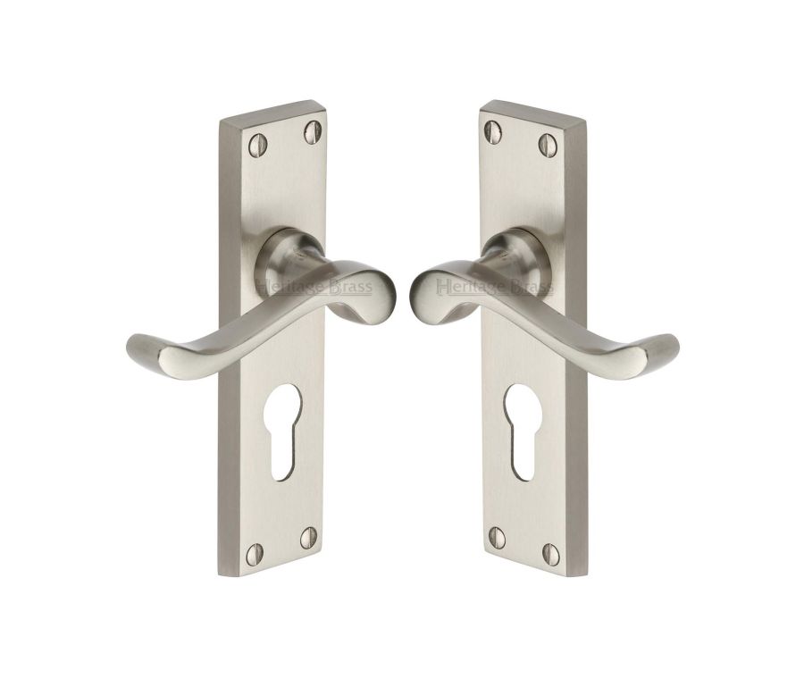 Heritage Brass Satin Nickel Bedford Door Handle on Plate - Euro Profile