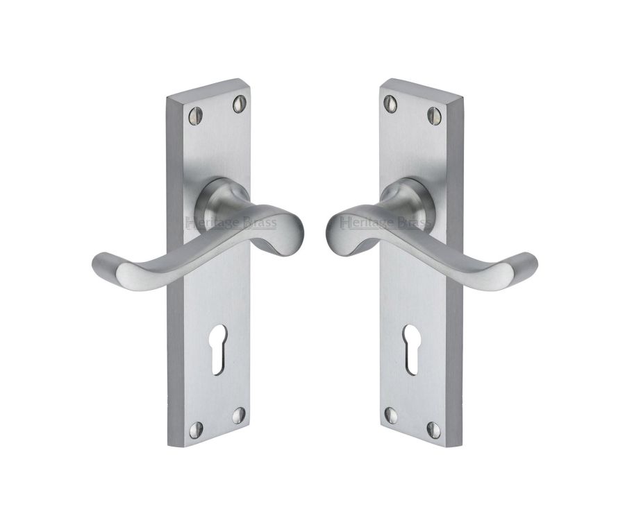 Heritage Brass Satin Chrome Bedford Door Handle on Plate - Lever Lock