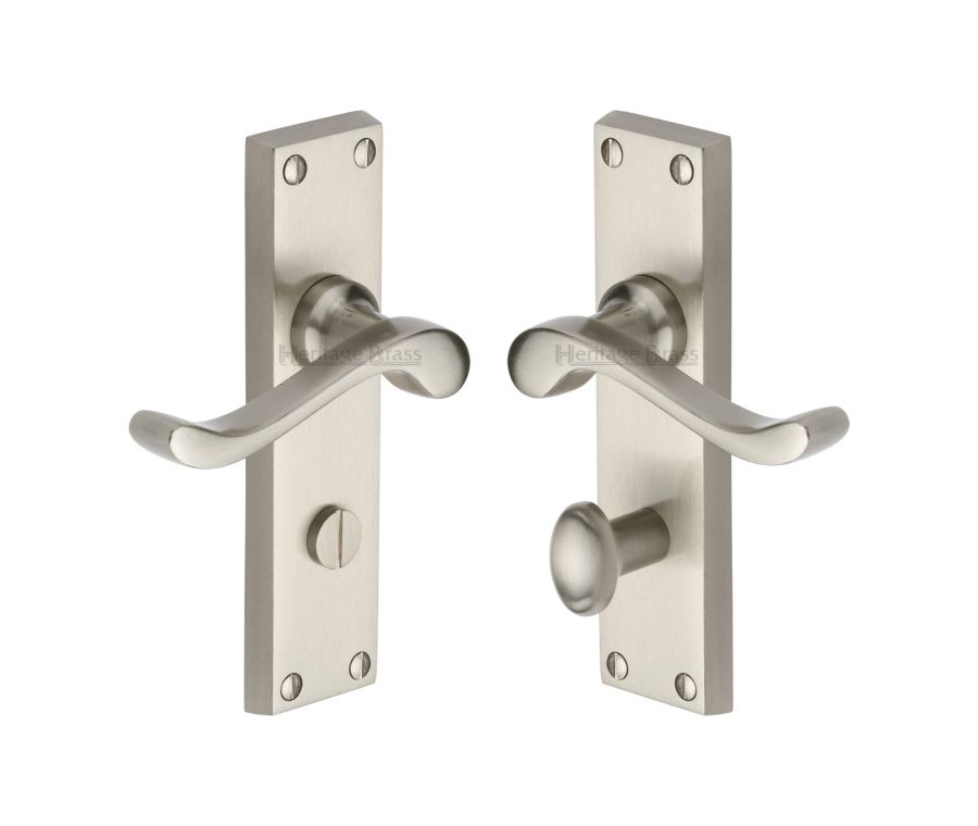 Heritage Brass Satin Nickel Bedford Door Handle on Plate - Bathroom Set