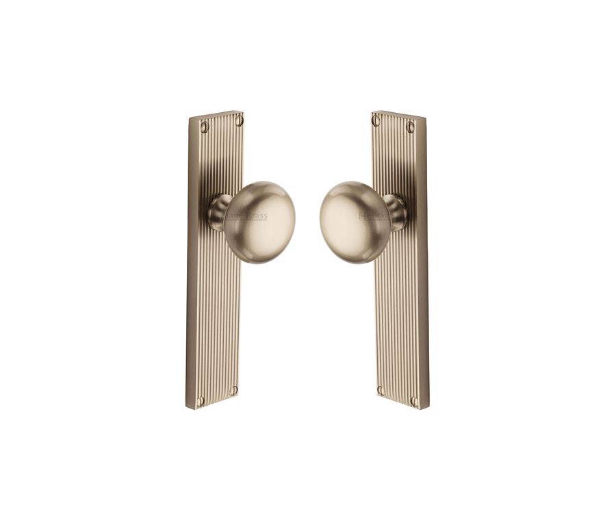 Heritage Brass Satin Nickel Victoria Door Knob on Reeded Plate - Latch Set