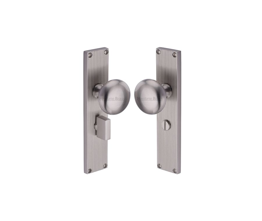 Heritage Brass Satin Nickel Victoria Door Knob on Reeded Plate - Bathroom Set
